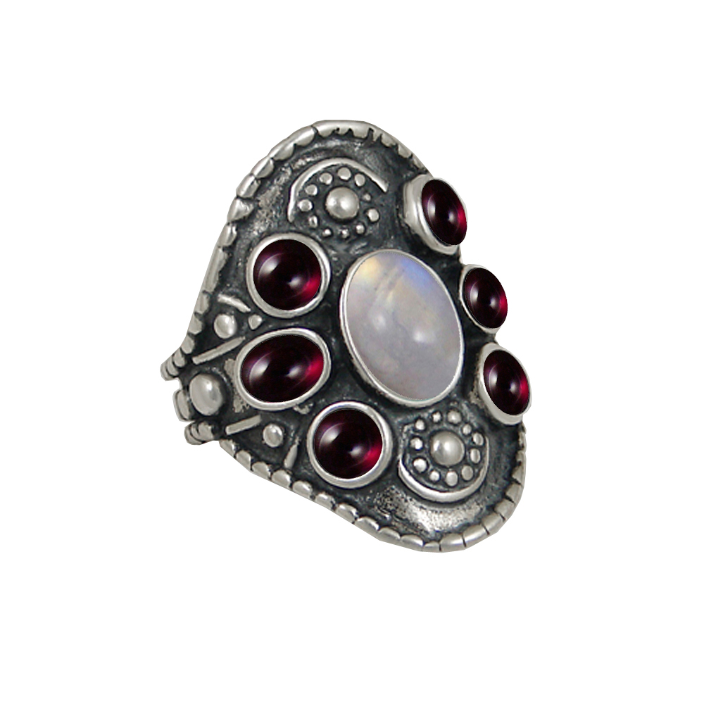 Sterling Silver High Queen's Ring With Rainbow Moonstone And Garnet Size 8